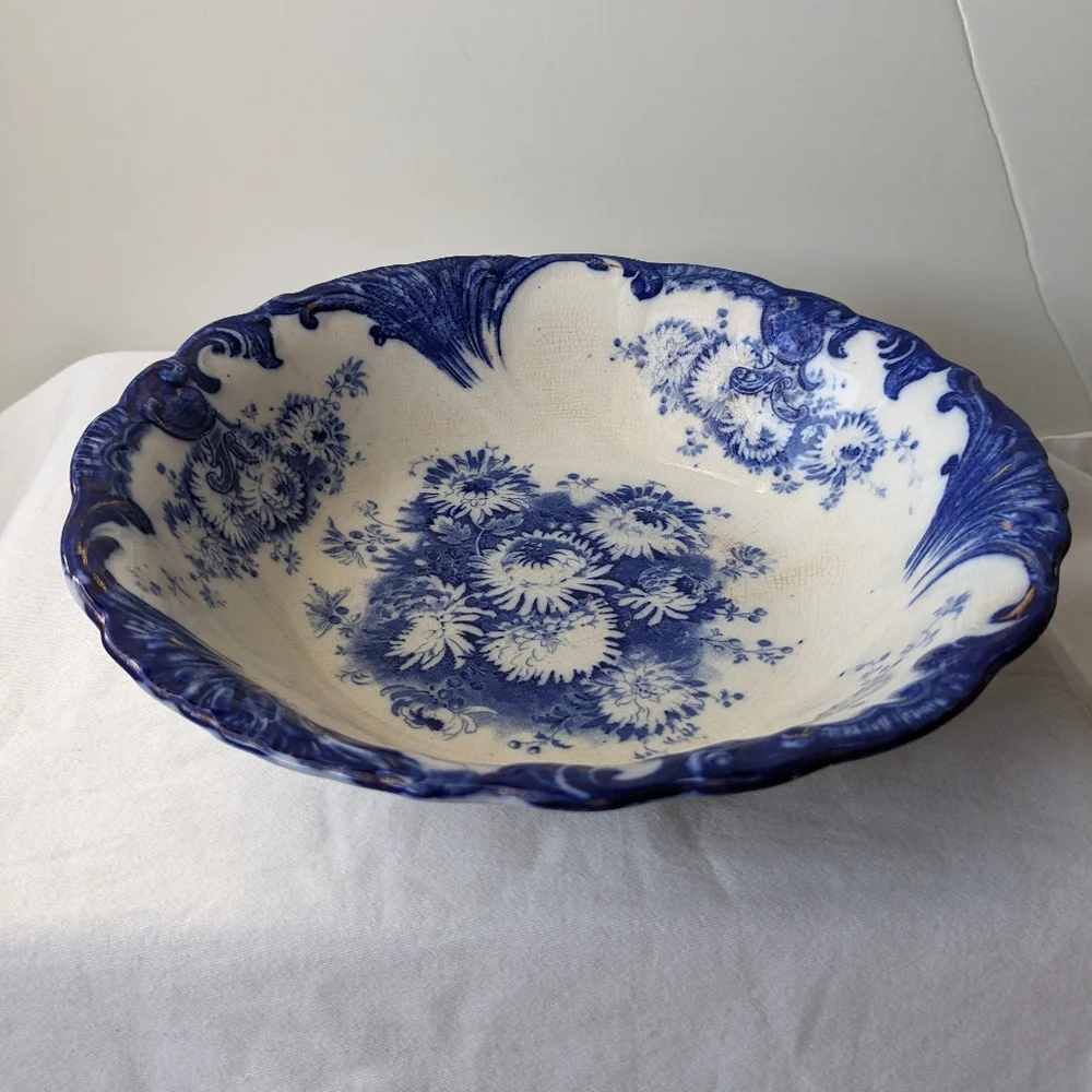 Antique Upper Hanley England Dahlia Flow Blue Floral Round Vegetable Bowl